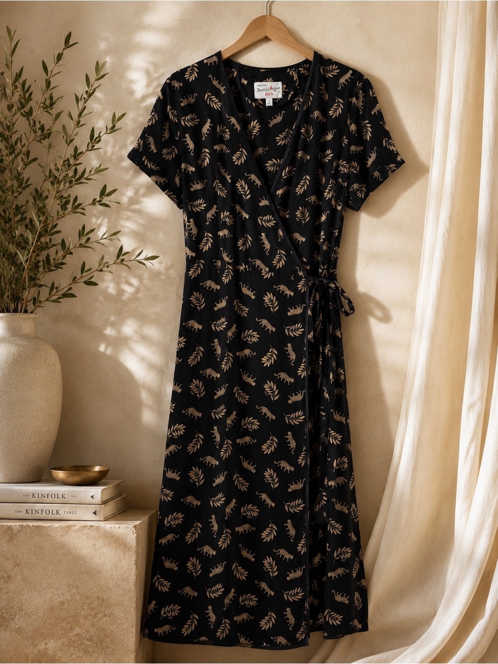 HVN 100% Silk Black Wrap Midi Dress Tan Tiger & Leaf Print Size 2